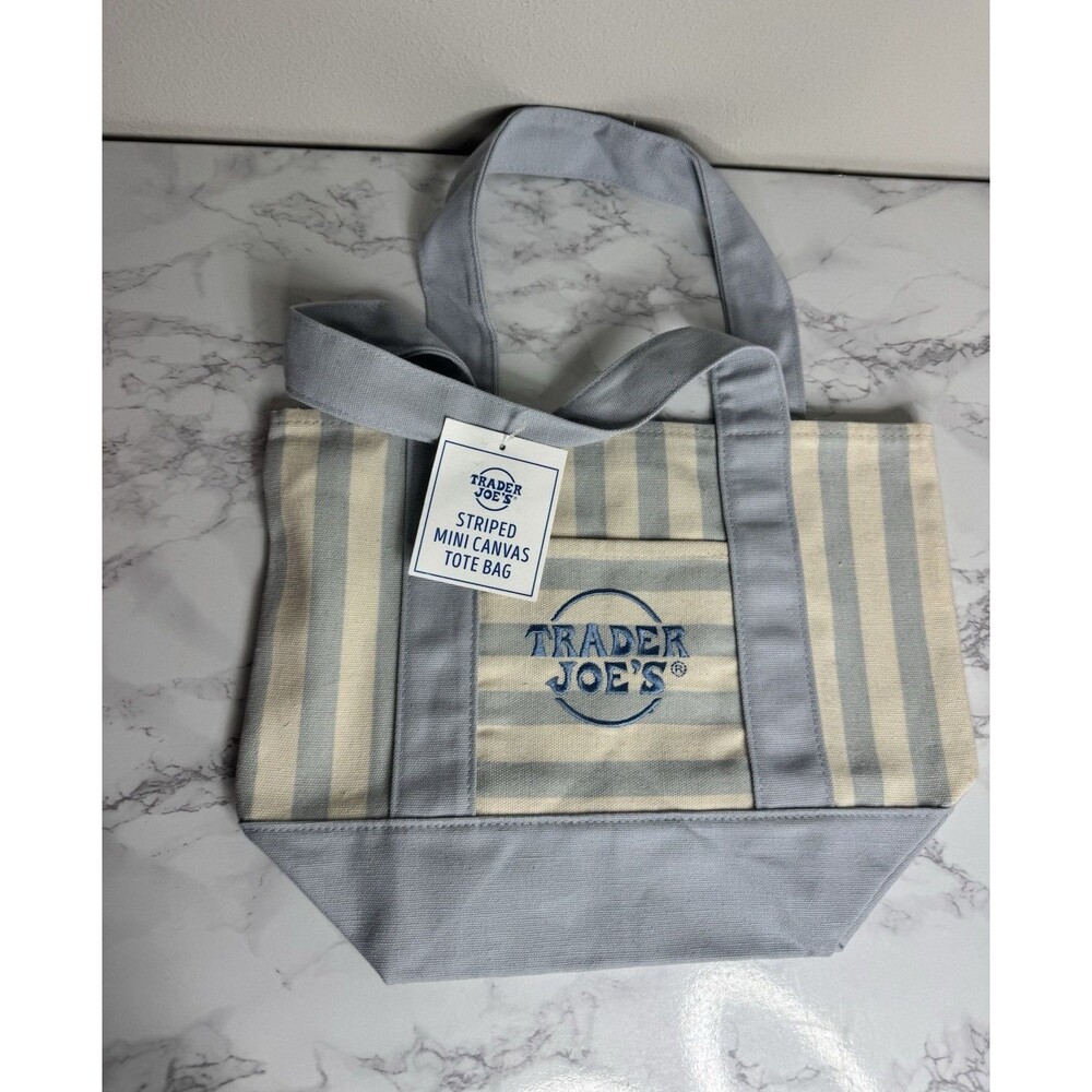 Trader Joe's Striped Mini Canvas Tote Bag Reusable Blue/Beige 10x6x10 in